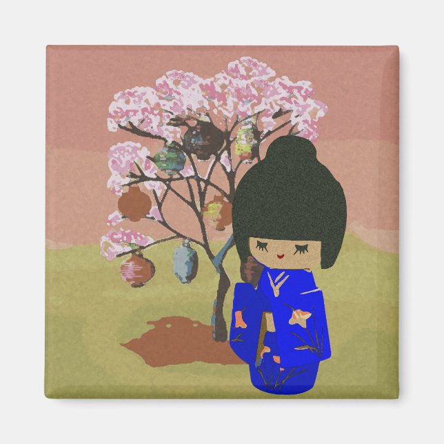Aimant Poupée kokeshi mignonne avec cerisier fleuri (Devant)