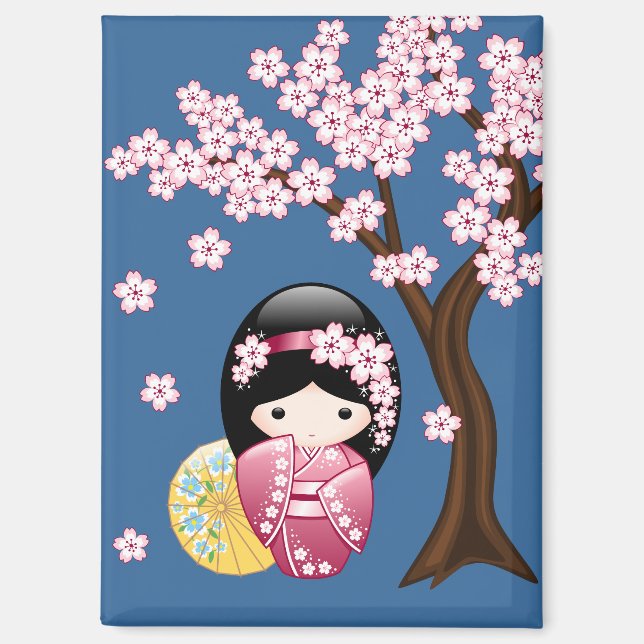 Aimant Poupée Kokeshi Printemps - Cute Geisha Japonaise s (Recto)