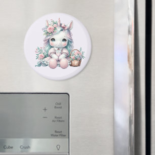 Aimant Poupée Licorne Kawaii Pastel avec Panier de Fleurs