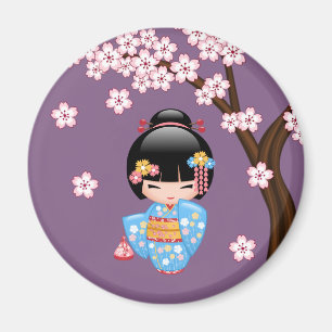 Aimant Poupée Maiko Kokeshi - Blue Kimono Geisha Girl