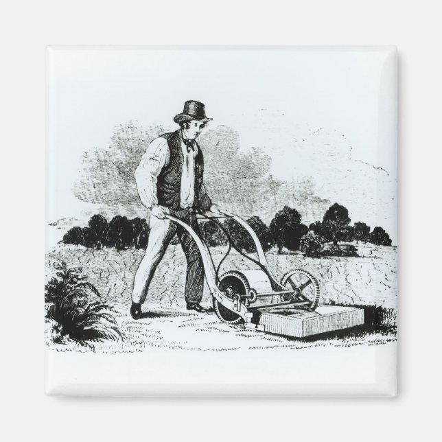 Aimant Première tondeuse à gazon (gravure) (photo b/w) (Devant)