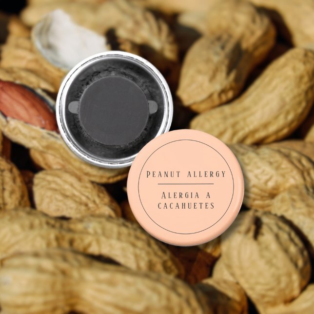 Aimant Prévenir l'allergie aux arachides bilingue (Peach Bilingual Peanut Allergy Alert magnet Spanish, custom name & text Multilingual Project)