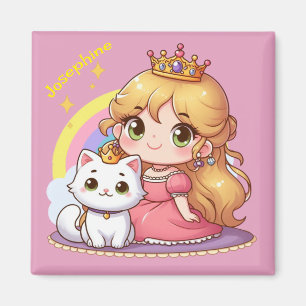 Aimant princesse mignonne personnalisable avec chat blanc