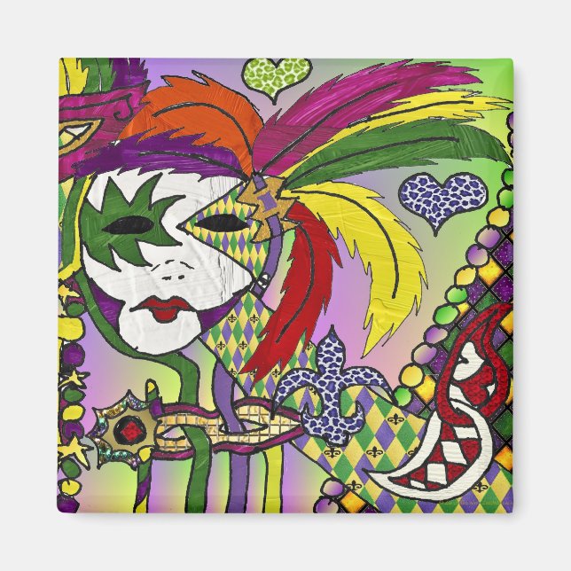 Aimant Psychédélique Mardi Gras Plumes Masques Cadeaux Vê (Devant)