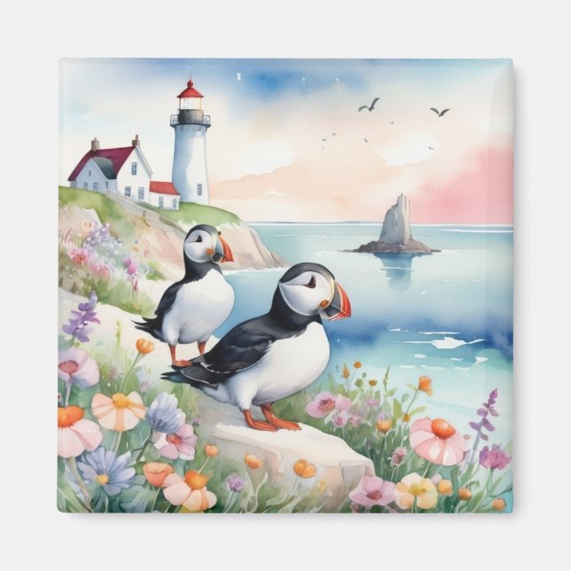 Aimant Puffins by the Sea - Ocean Flowers & Lighthouse (Devant)