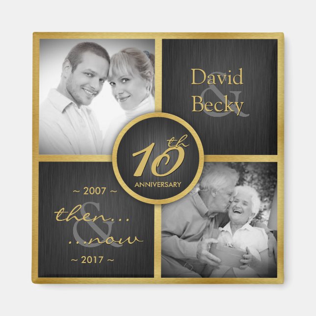 Aimant Puis & maintenant Elegant Black & Gold 10e Mariage (Devant)