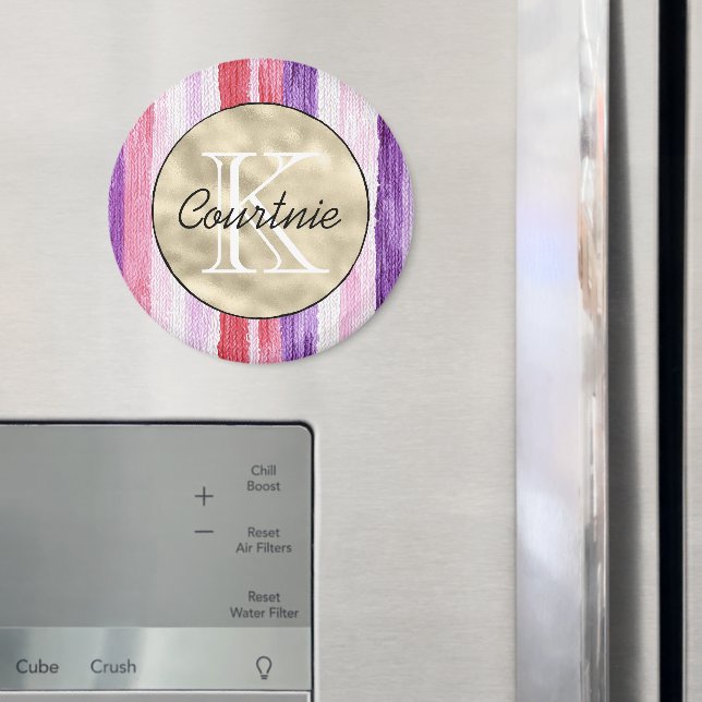 Aimant Purple Pink Blush Red Stripes Gold Monogram      (In situ (réfrigérateur))