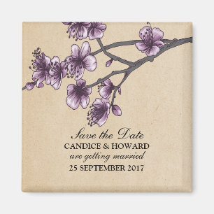 Aimant Purple Vintage Cherry Blossoms Enregistrer la date