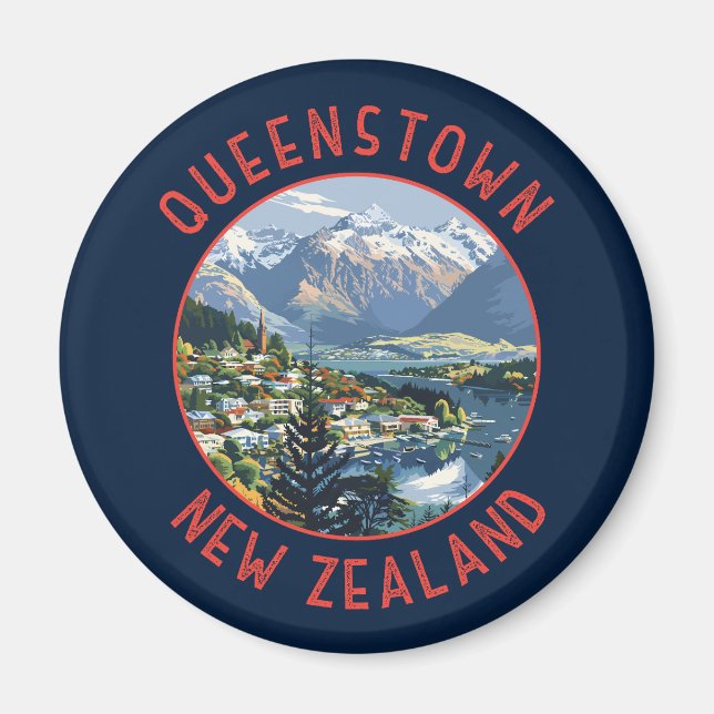 Aimant Queenstown Nouvelle-Zélande Retro Cercle désorgani (Devant)