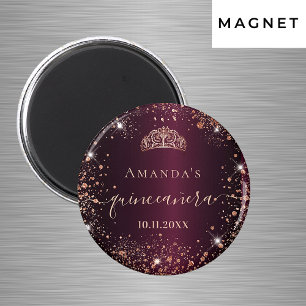 Aimant Quinceanera Bourgogne rose or tiara nom script
