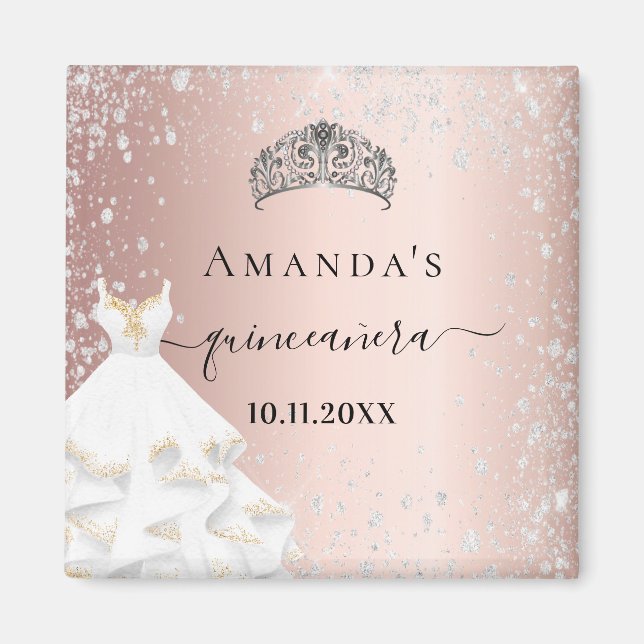 Aimant Quinceanera rose or tiara robe argent parties scin (Devant)