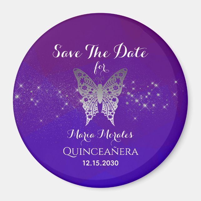 Aimant Quinceanera Violet Enregistrer La Date Invitation (Devant)