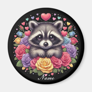 Aimant Raccoon mignon avec Fleurs et Coeurs colorés