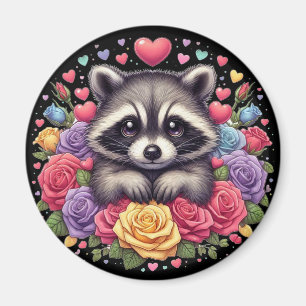 Aimant Raccoon mignon avec Fleurs et Coeurs colorés