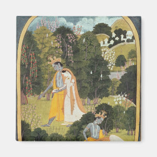 Aimant Radha et Krishna marchant dans un verger
