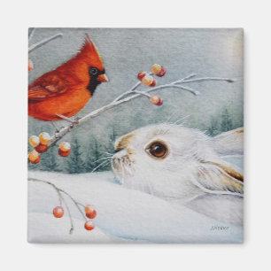 Aimant Raquette à neige Rabbit & Cardinal Bird Aquarelle 
