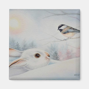 Aimant Raquette à neige Rabbit & Chickadee Oiseau Aquarel