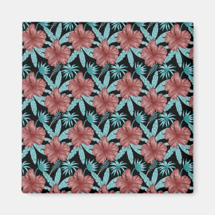 Aimant Red flowers tropical seamless pattern &blue leaves