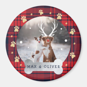 Aimant Red & Navy Blue Plaid & Gold Empreinte de patte Ph