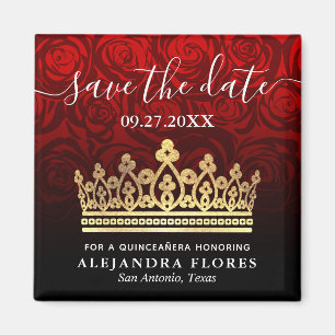 Aimant Red Rose Gold Black Quinceanera Enregistrer la dat
