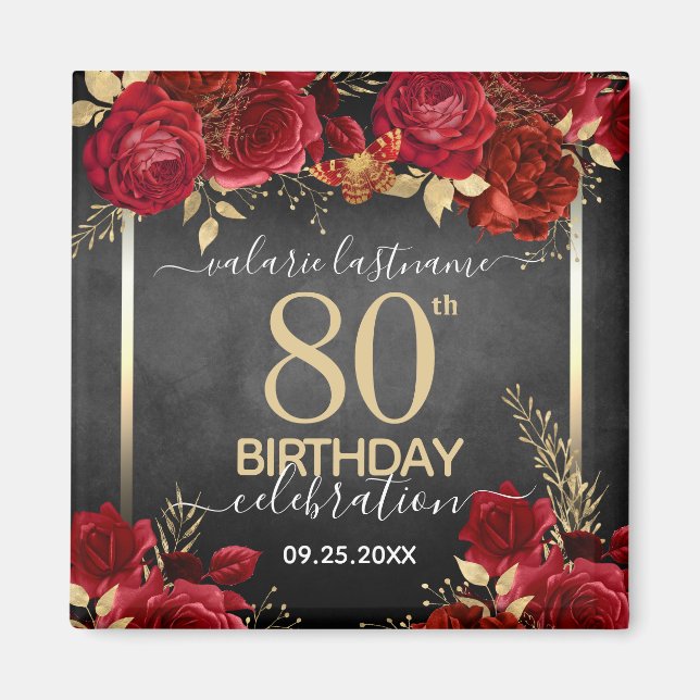 Aimant Red Roses 80e anniversaire Enregistrer la date (Devant)