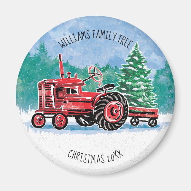 Aimant Red VintageTractor Christmas Tree Ajouter un nom (Devant)