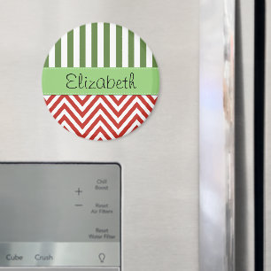 Aimant Red Zigzag, Chevron, Green Stripes, Votre Nom