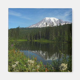 Aimant Reflet du lac du mont Rainier avec des fleurs sauv