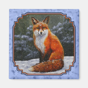 Aimant Renard rouge mignon en neige hivernale