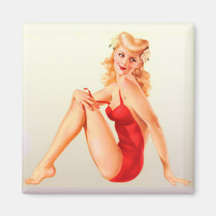 Aimant Renarde blonde de maillot de bain rouge de pin-up