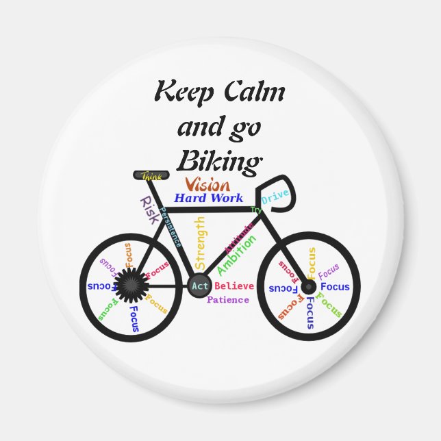 Aimant Restez calme et partez à vélo, avec des mots motiv (Devant)