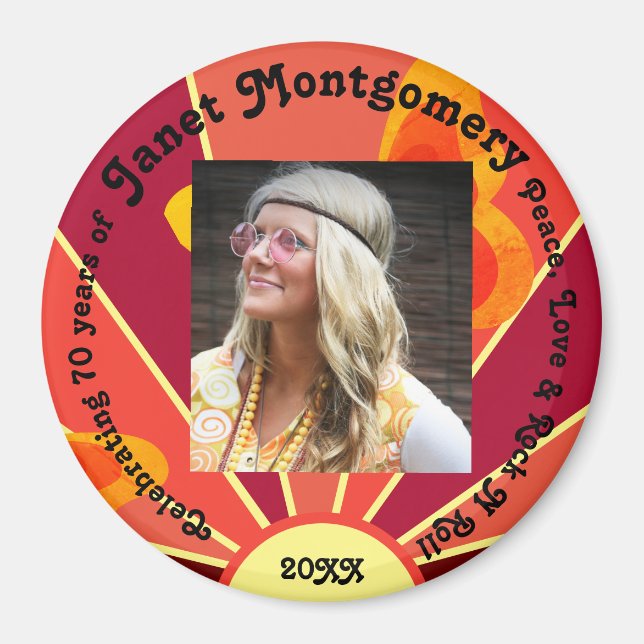 Aimant Retro Boomer Hippy Sunrise Photo Anniversaire (Devant)