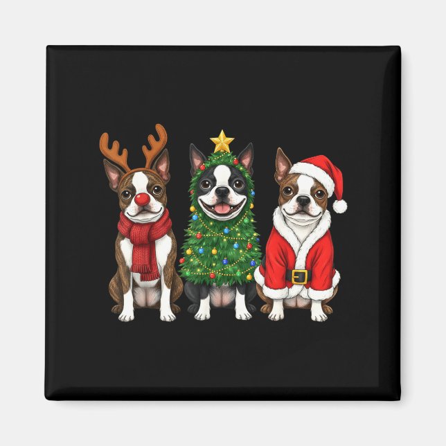 Aimant Retro Christmas Boston Terrier Santa Reindeer Dog  (Devant)