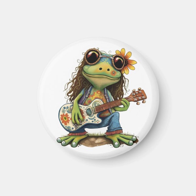 Aimant Retro Funny Hippie Frog Porter du verre Jouer Pian (Devant)
