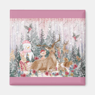 Aimant Rinder d'aquarelle rose, Snowman Joyeux Noël