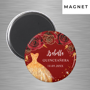 Aimant Robe à paillettes dorées rouges pour Quinceanera n
