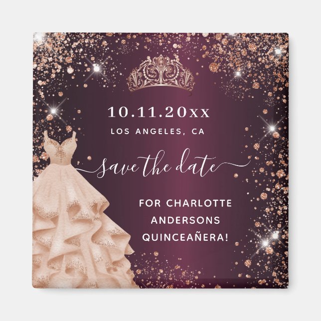 Aimant Robe de tiare bordeaux Quinceanera sauver la date (Devant)