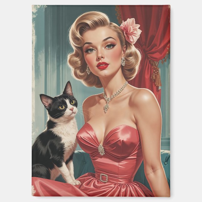 Aimant Robe rose blonde avec chat noir et blanc (Recto)