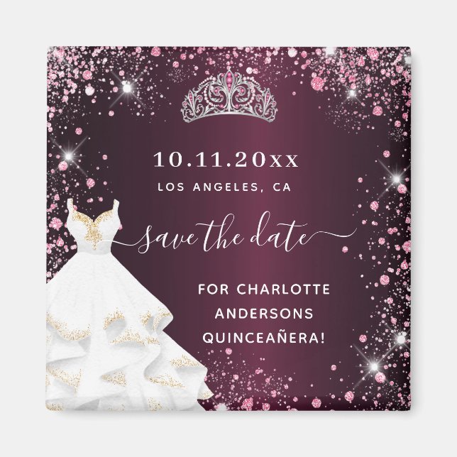 Aimant Robe rose bordeaux Quinceanera enregistrer la date (Devant)