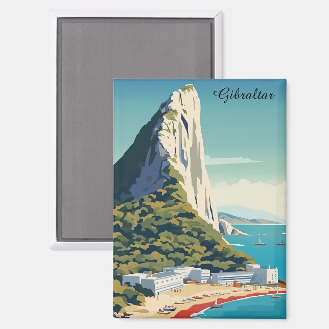 Aimant Rocher vintage de Gibraltar Travel Art (Recto/Verso)