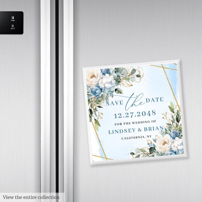 Aimant Romantique Dusty Bleu Blancs pivoines Sauvez la da (Romantic Dusty Blue White Peonies Save the Date)