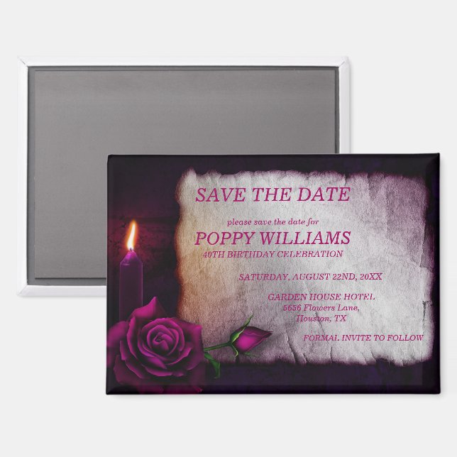 Aimant Romantique gothique Rose & Bougie Save The Date (Recto/Verso)