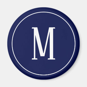 Aimant Rond Monogramme Blanc sur Fond Bleu Marine