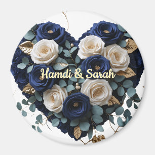 Aimant Rond Personnalisé Navy Or Fleurs Monogramme