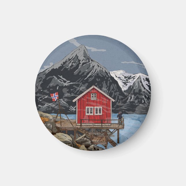 Aimant Rorbu Lofoten Bergen Norvège Illustration du paysa (Devant)