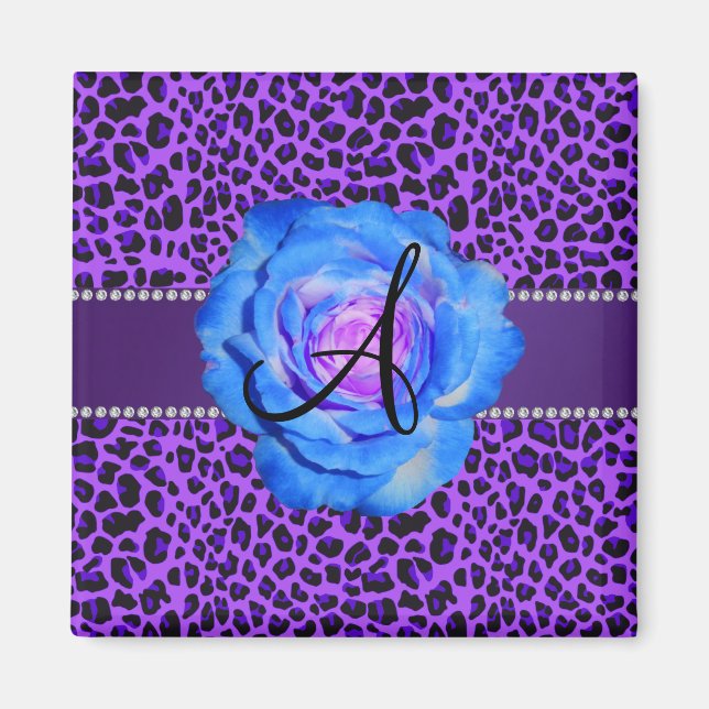 Aimant Rose bleu léopard violet de monogramme (Devant)