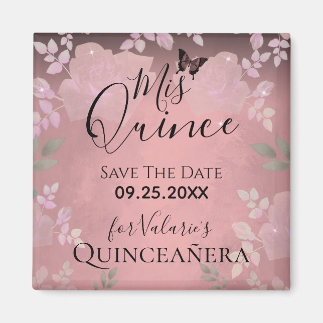 Aimant Rose Rose chic Quinceanera rose Enregistrer la dat (Devant)