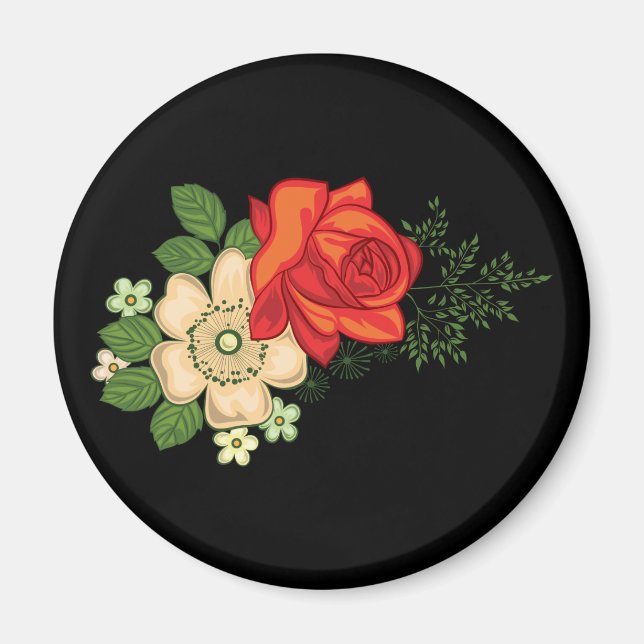 Aimant Rose rouge et marguerites Arrière - plan noir (Devant)