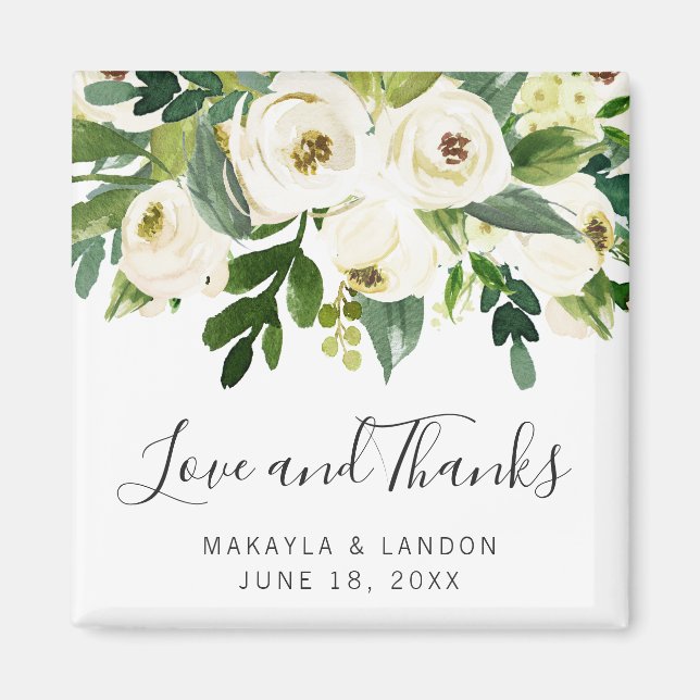 Aimant Roses Blanches Florales Verdure Mariage Faveur (Devant)