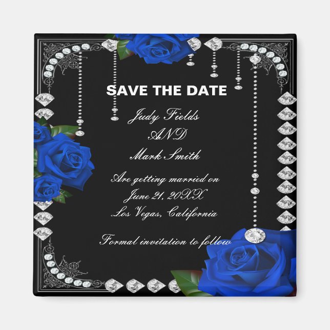 Aimant Roses Et Diamants Bleus Romantiques Sauvez La Date (Devant)